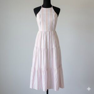 Gianni Bini Pastel Striped Tiered Maxi Dress Halter Neck 100% Cotton Size 4. EUC